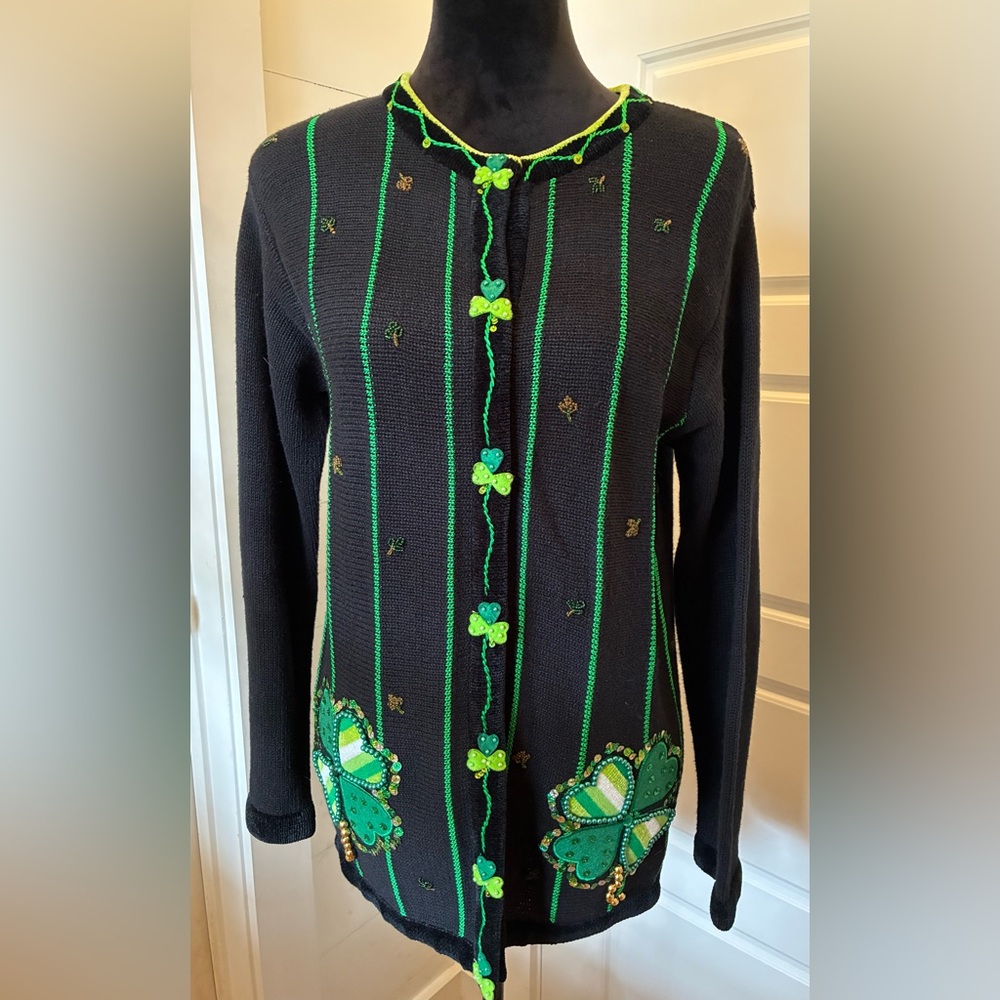 Quacker Factory Shamrock Cardigan XS Black Green  St Patrick’s Day Sweater
